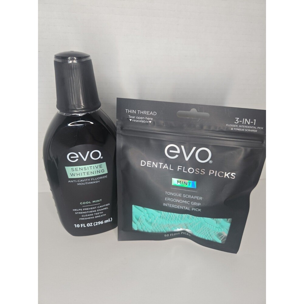 EVO Dental Floss Picks 60 Ct Mint 3 in 1 Floss W/ Sensitive Whitening Mouthwash
